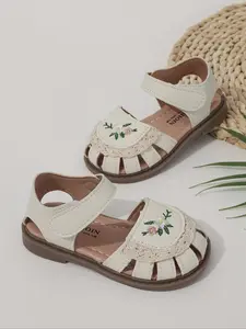 Girl's Ditsy Floral Embroidery Lace Trim Sandals, Cute Flat Sandals for Summer, Casual Open Toe Sandals for Beach Vacation