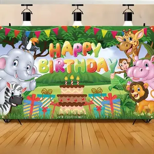 Animal Forest Cartoon Birthday Backdrop Banner Cute Safari Style Tapestry Wall Hanging Photography Background Polyester Fiber Kids Party Decor for Birthday Cake Table Indoor Outdoor Photo Booth Props