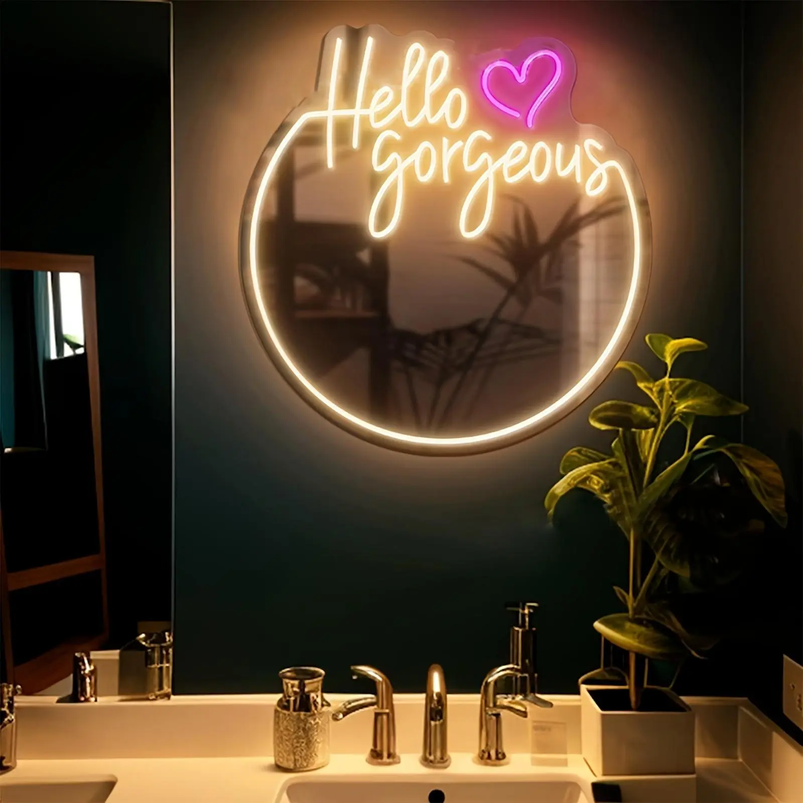 Warm White "Hello Gorgeous" Neon Sign Mirror with Pink Heart (43x39cm Pink 43*39 Irregular Form), USB-Operated LED Vanity Mirror Light, Contemporary Girly Room Accessories, Festive Decor for Bedroom, Great Gift for Her