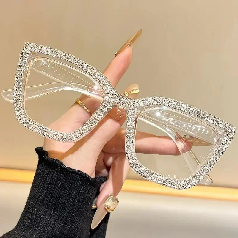 Fashion Modern Look Trending Eyeglasses Cat-Eye Anti-Blue Light Reading Glasses, Diamond-Inlaid Big High-Strength Durable PC Frame, Anti-Fatigue Square Eyeglasses, Ideal Office & Reading Gift