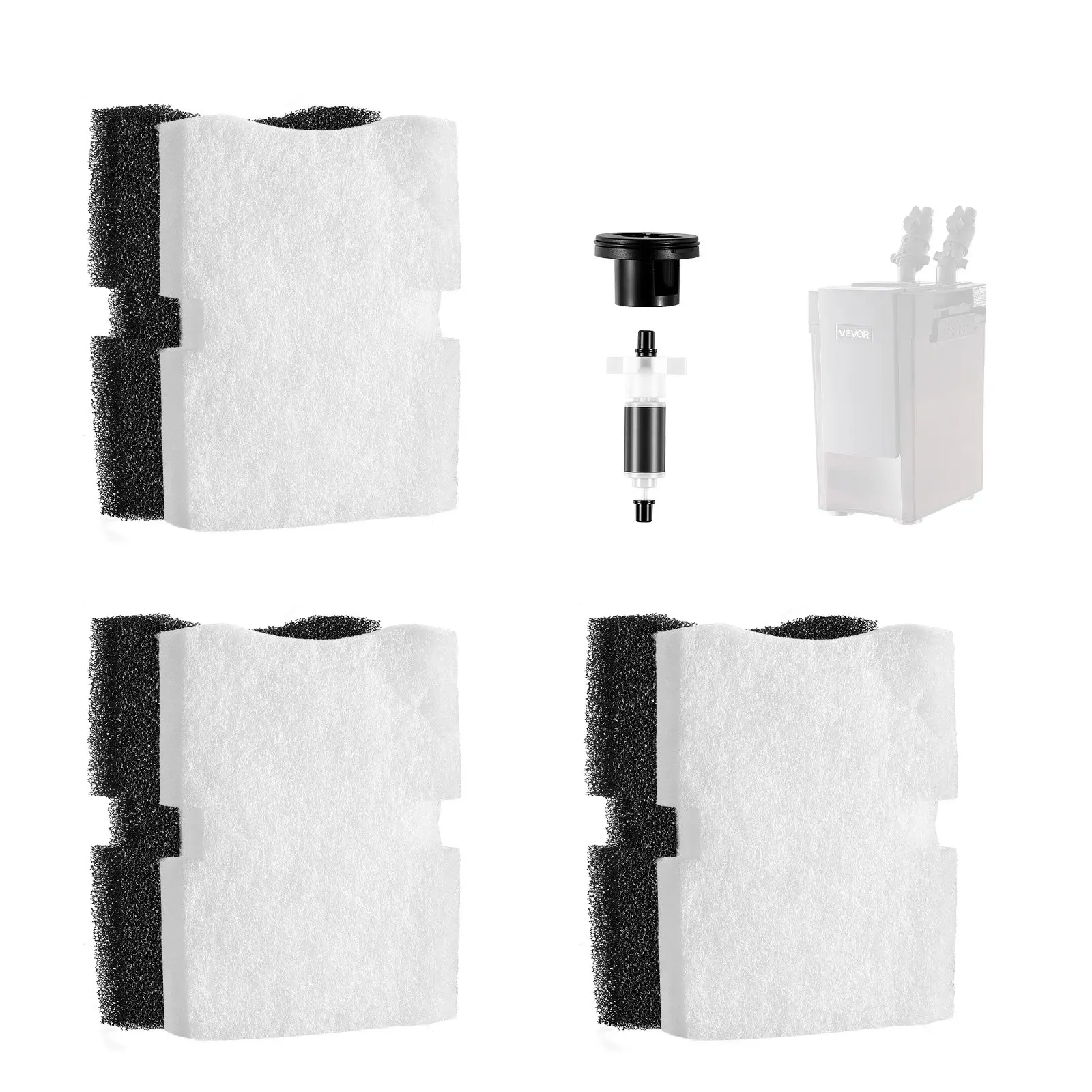 VEVOR Aquarium Filter Media Pads, 6 PCS Replacement with Impeller for AQ1600, Canister Floss Replacement for Fish Tank, Zirconia Impeller Shaft, 3 Black Polyurethane Foam & 3 White Polyester Fiber Pads