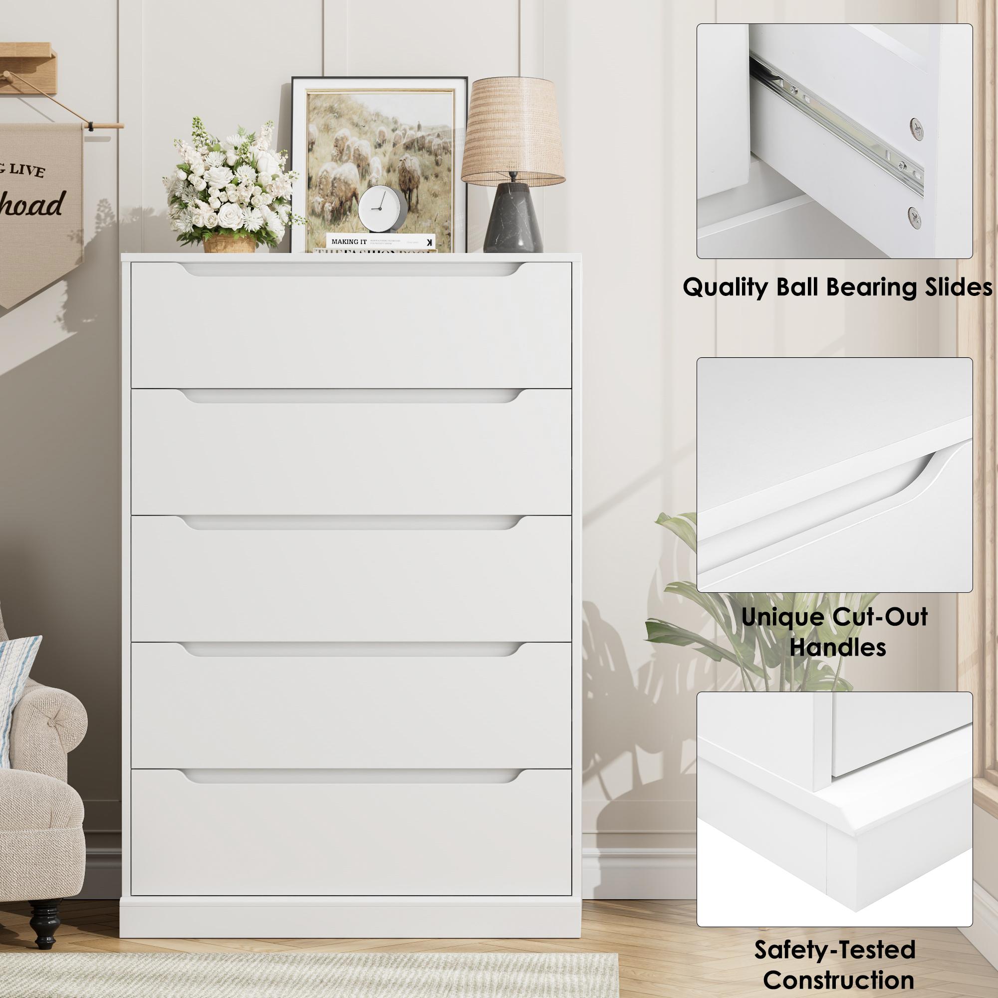 HOSTACK Modern 5 Drawer Dresser for Bedroom, Tall Chest of Drawers with Storage, Large Wood Cloth Storage Organizer with Cut-Out Handle, Accent Storage Cabinet for Living Room, Hallway