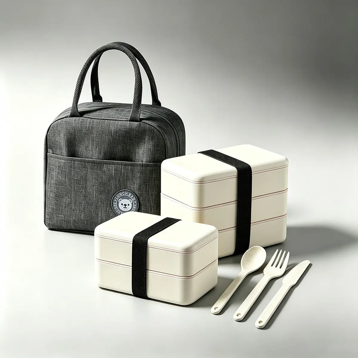 1 Set White Double Triple Layer Compartment Bento Box Kit With Free Spoon & Fork, Lunch Boxes, Separated Layers Prevent Flavor Mixing, Easy To Wash, Microwave Safe, Matching Insulated Tote Bag For Daily Meal Prep, Office, School, Trip & Outdoor Camping