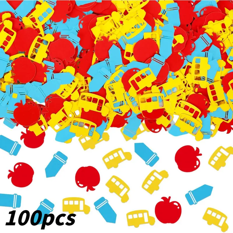Back-to-school season, the start of the school term, classroom decoration, school buses, colored paper confetti, holiday parties and party confetti