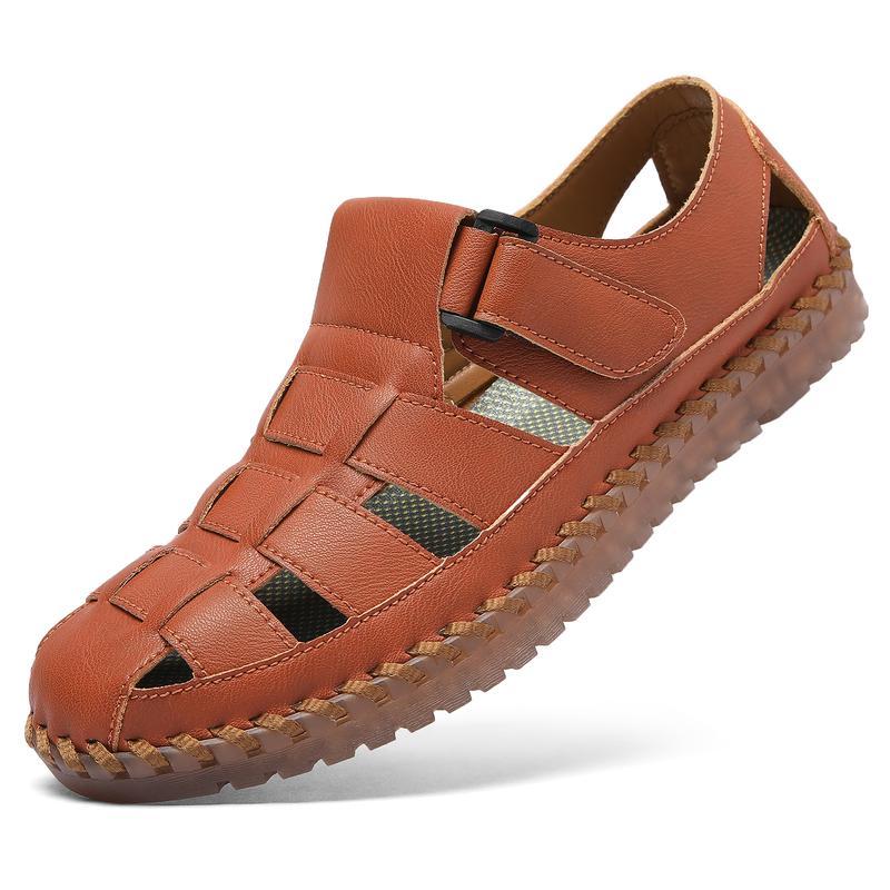 (New)Men's Casual Leather Sandals  Breathable Outdoor Slippers, Adjustable Closed Toe Summer Leather Loafters