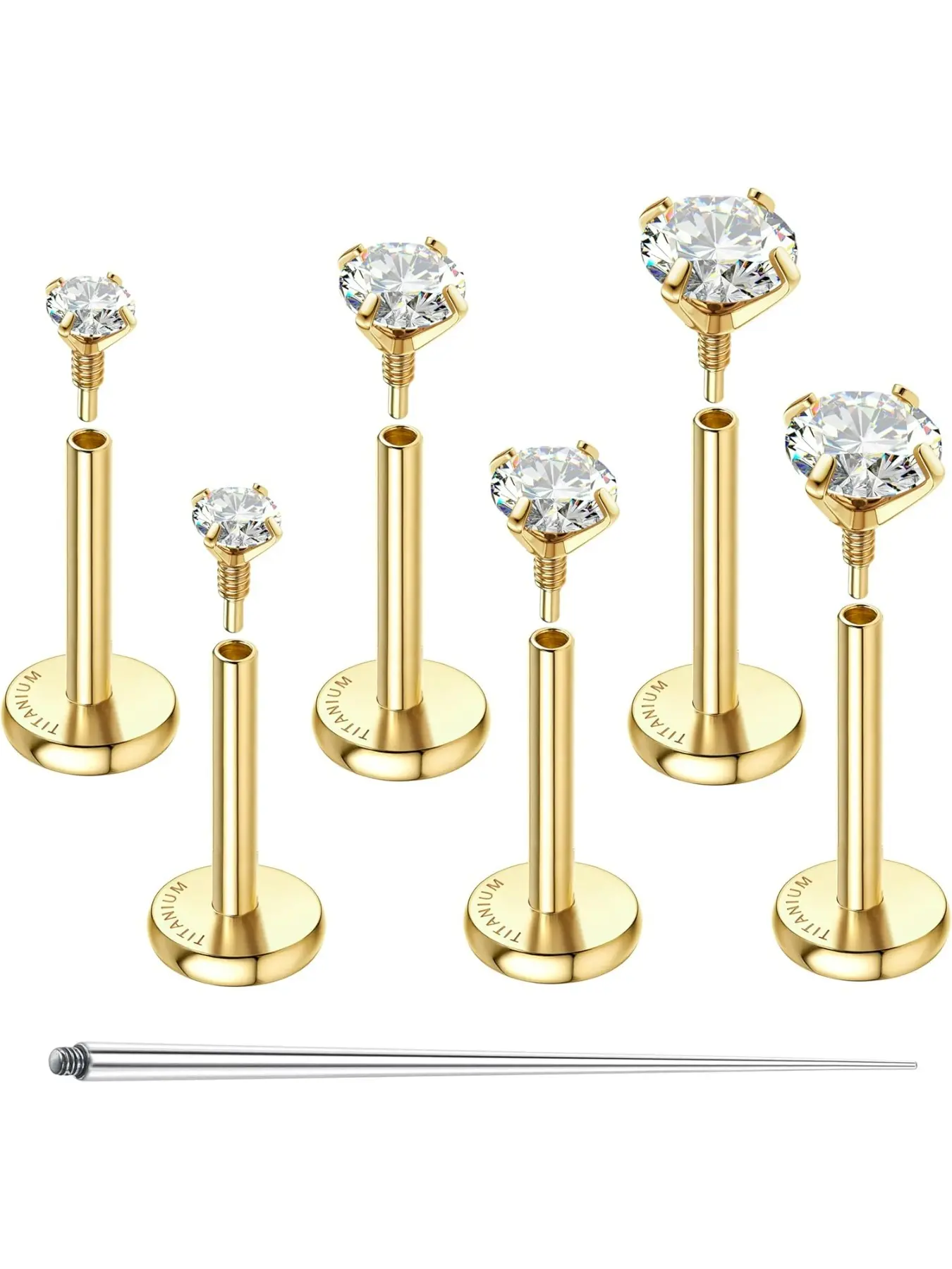 G23 Implant Grade Titanium Flat Back Earrings F136 Hypoallergenic 14K Gold Filled Internal Thread Stud 16/18/20G Cartilage Helix Tragus Conch Nose Labret Piercing Jewelry for Women Men 3Pairs