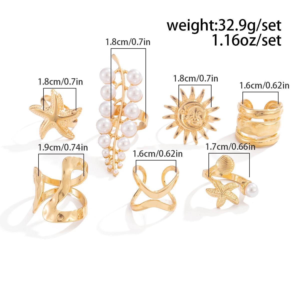 Ocean Vacation Style Starfish & Shell Rings Set – Unique Pearl-Embellished Branch Design