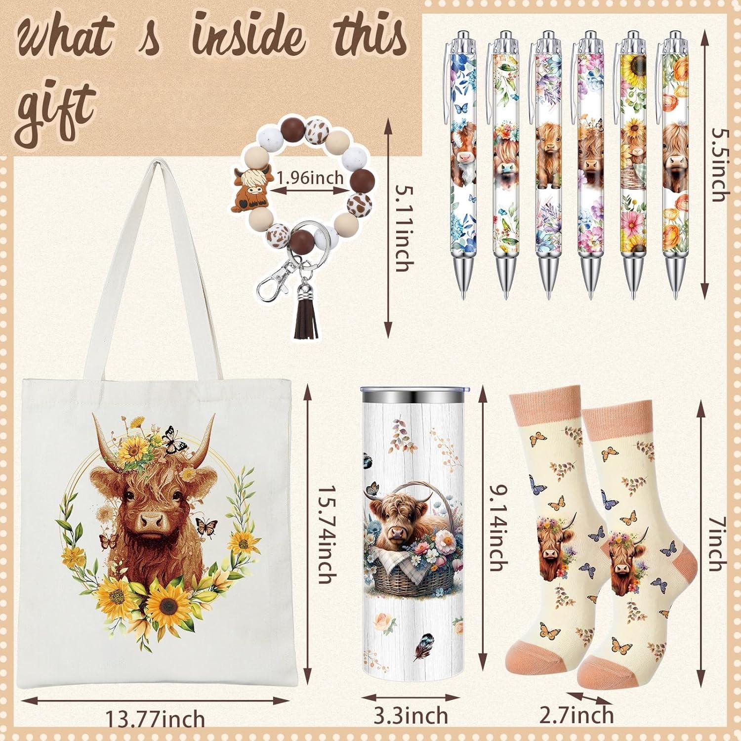 5 count Highland Cow Gifts Set for Women Cow Lovers 20 oz Highland Cow Tumbler Cow Floral Canvas Bag Cow Pen Socks   for Mom Sister Cow Lover Christmas Gifts