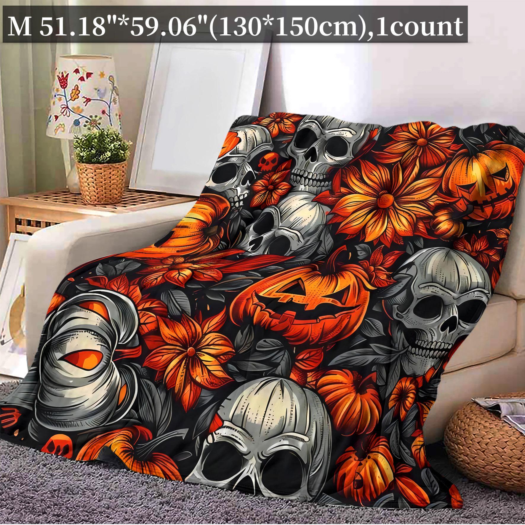 Skull & Pumpkin Pattern Blanket, 1 Count Soft Warm Nap Throw Blanket, Air-conditioned Room Blanket for Home Office Travel Camping Dormitory, Christmas Gifts, Christmas Decorations, Floral Print Blanket