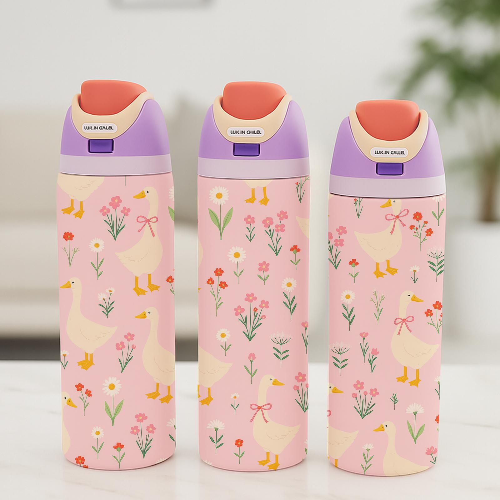 1Pc 19/24/32oz Duck and Flower Print Insulated Mug, Cute Pastel Vacuum Cup Thermo Tumbler with Lid and Straw, Keeps Hot 12H/Cold 24H, Ideal Travel Tumbler for Spring, Picnic, or Office, Adorable Gift for Girlfriend, Nature Lovers