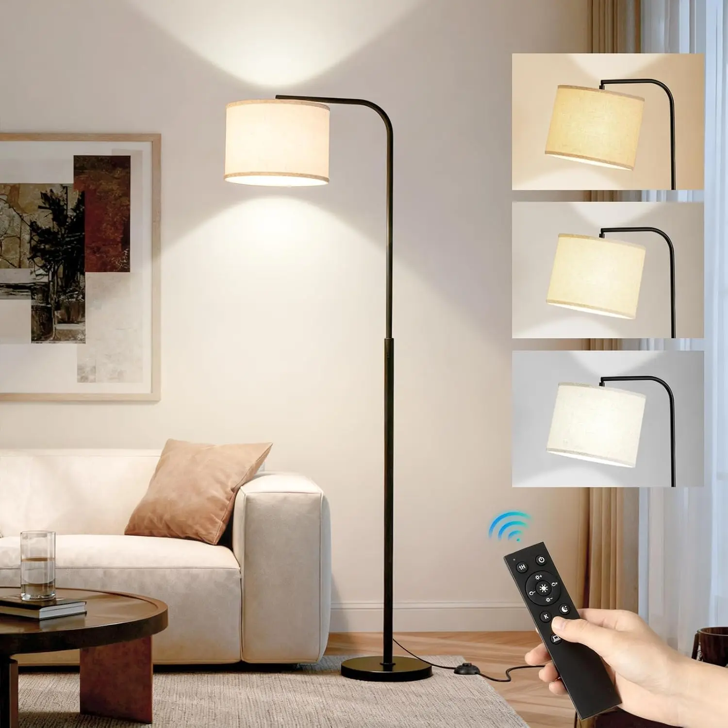 Arc Floor Lamp with Remote and Dimmable Black Floor lamps for Living Room| Modern Tall Standing Lamp for Bedroom Corner and Office wiht Adjustable Hanging Drum Shade Over Couch Arched Reading Light
