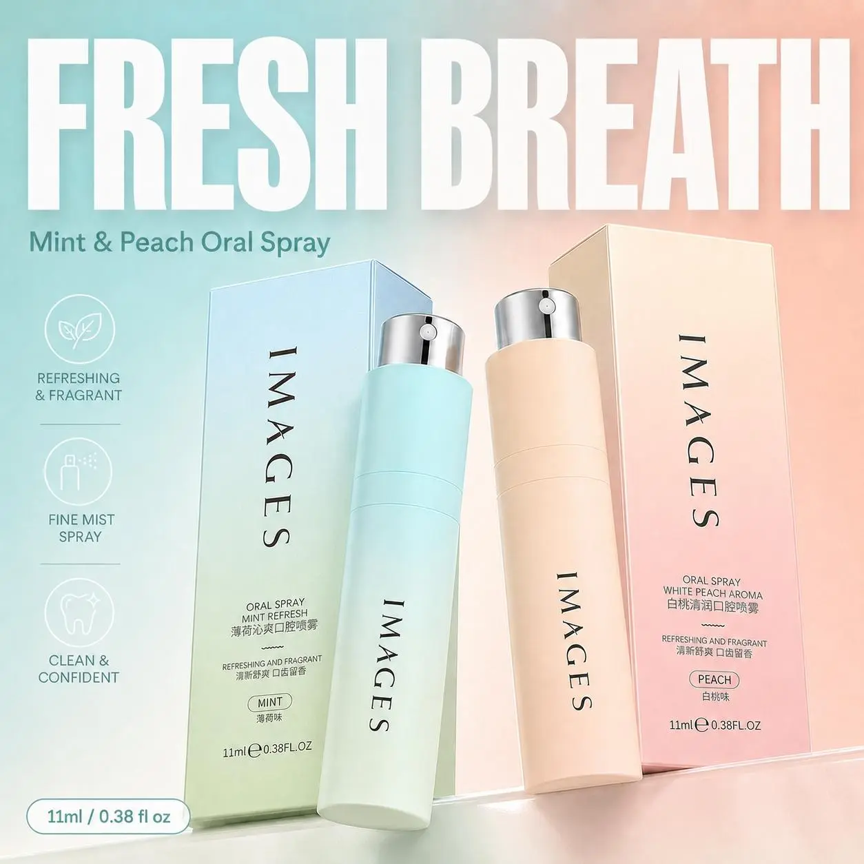 Probiotic Oral Spray, 11ml Compact Breath Freshener for Daily Oral Care & Long-Lasting Freshness, Refreshing Mint & Peach, Pouch, Clean Taste, Daily Use, Compact Design, Pocket-Size, Portable Oral Spray