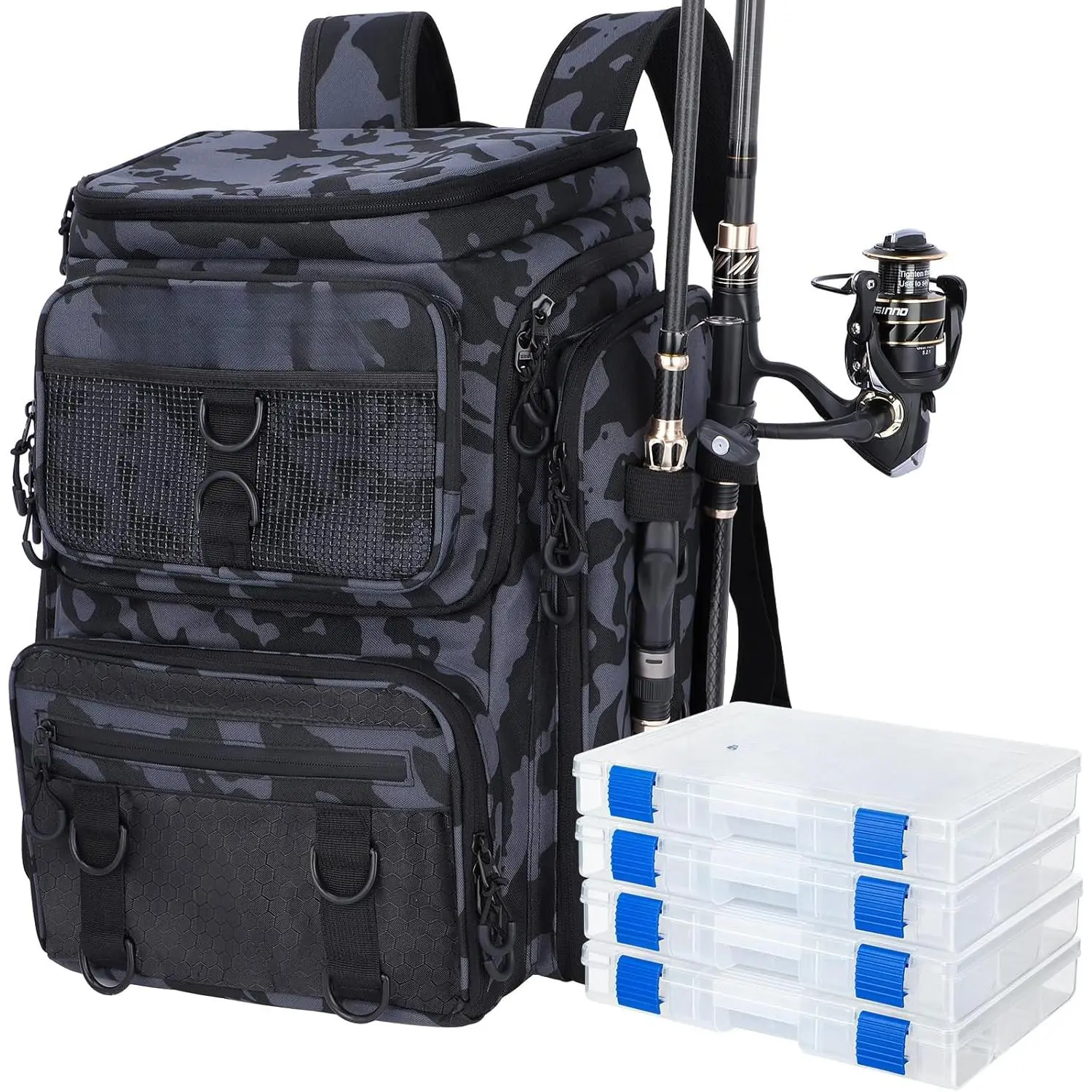Fishing Backpack with Rod Holders, 42L Large Water-Resistant Tackle Bag  Camping, Hiking, Gifts - Black Camo (4 Tackle Boxes)