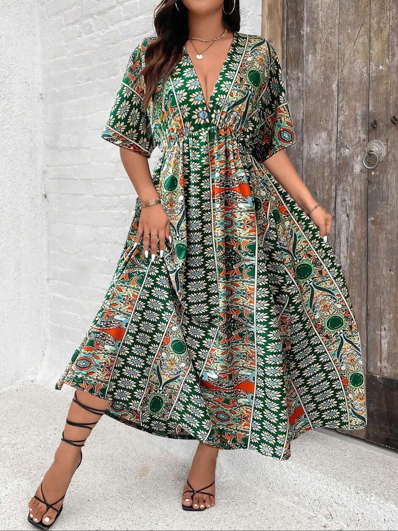 Plus Size Ethnic Pattern Ruched V Neck Dress, Bohemian Casual Floral Print Batwing Half Sleeve A-Line Dress for Summer, Women's Clothes for Beach Holiday Plus Size Ethnic Pattern Ruched V Neck Dress, Bohemian Casual Floral Print Batwing Half Sleeve A-Line Dress for Summer, Women's Clothes for Beach Holiday