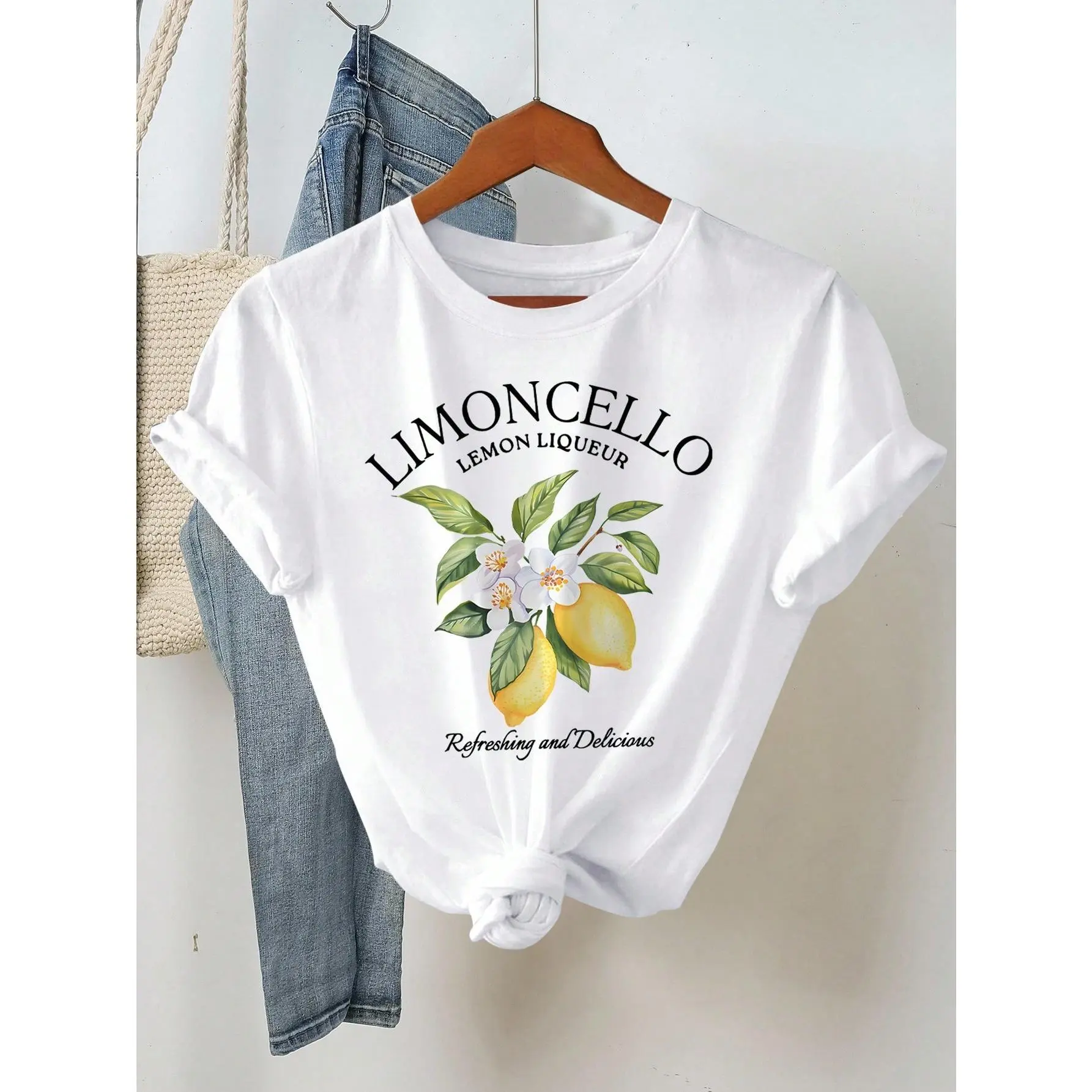 Women's Summer Round Neck Short Sleeve Casual T-Shirt - Letter, Fruit, Limoncello Lemon Liqueur Graphic Tops with Breathable Fabric & Relaxed Fit, Shortsleeve