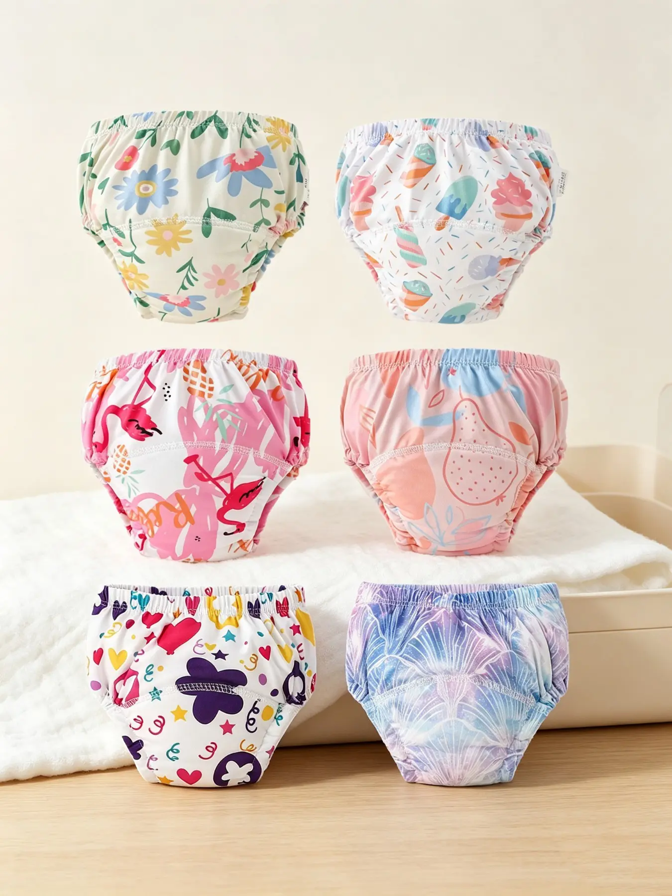 6-Pack Washable Reusable Girl Training Pants, Cute Print Absorbent Potty Shorts, Pool Beach Kids Pull-Ups, Child Underwear