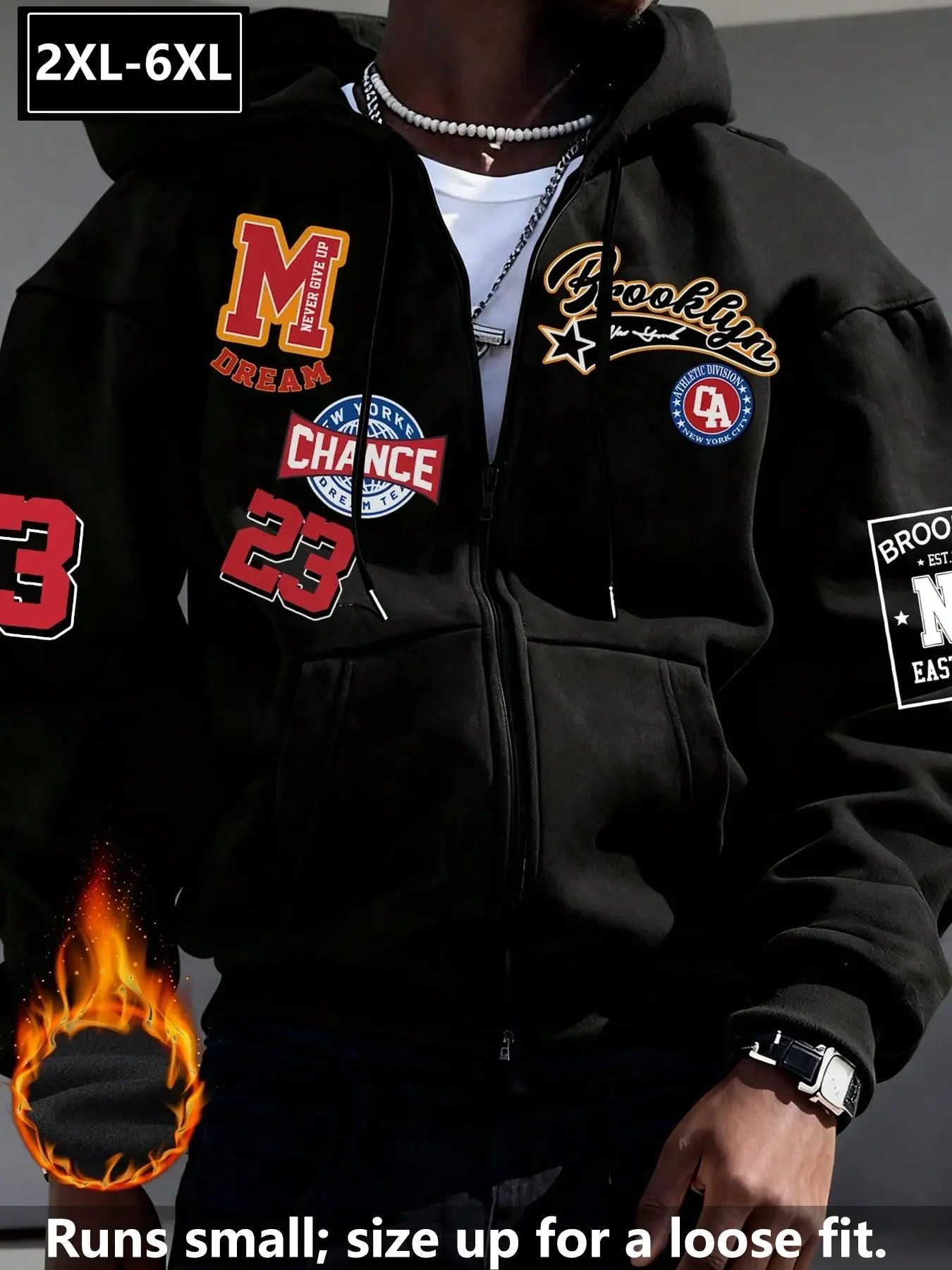 Men's Plus Size Loose Zipper Fleece Hooded Open Front Jacket, 2xl-6xl, Thick Warm Brooklyn Badge Print, Fall Winter Street Style