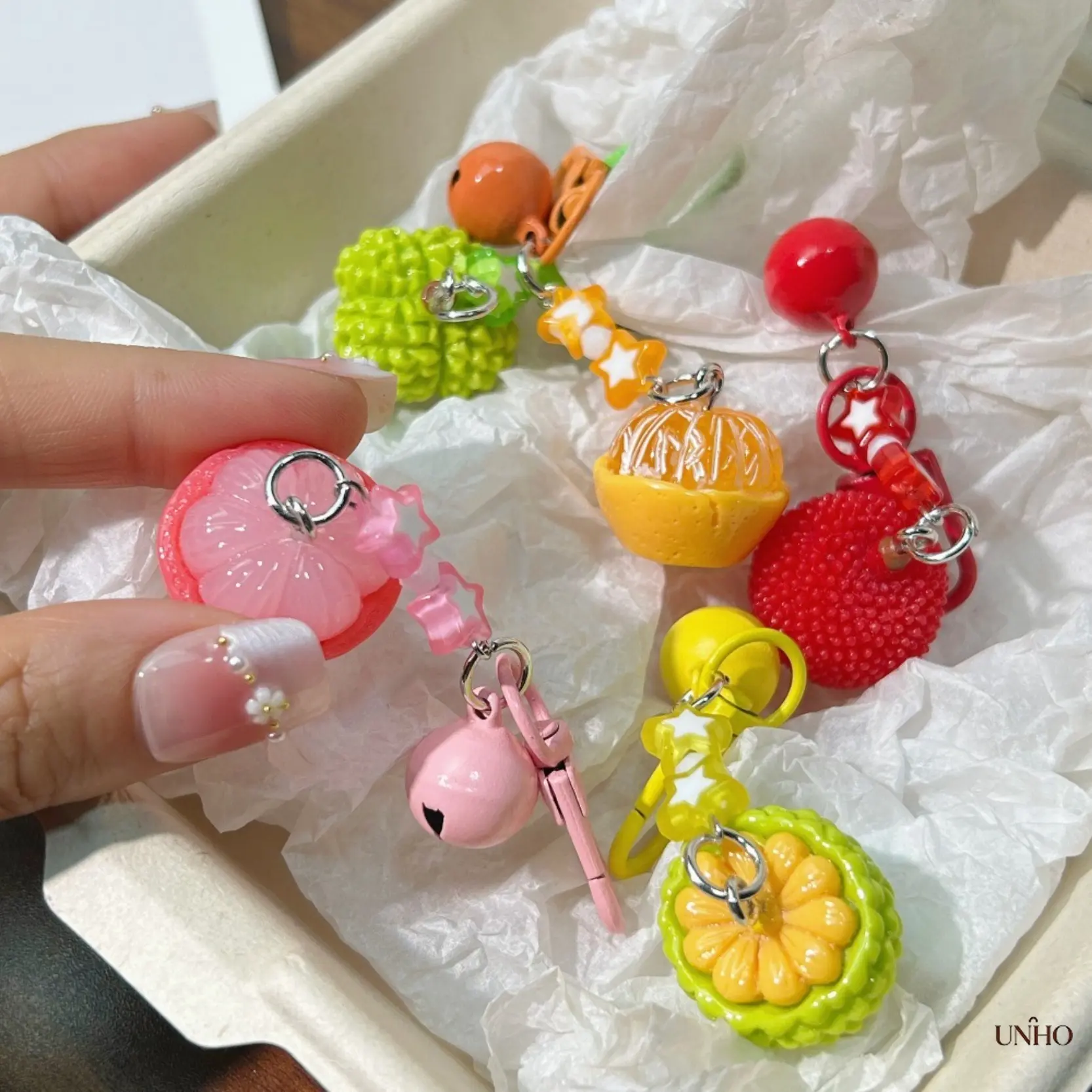 Cute Food-Themed Beaded Chain Accessory - Fresh Fruit Bell, Orange Durian Jackfruit Bayberry Pendants, Lightweight Anti-Slip Grip, Floral Charm for Student Backpacks, Daily Use Bags, Phone Chains, Keychains, Beaded Chains