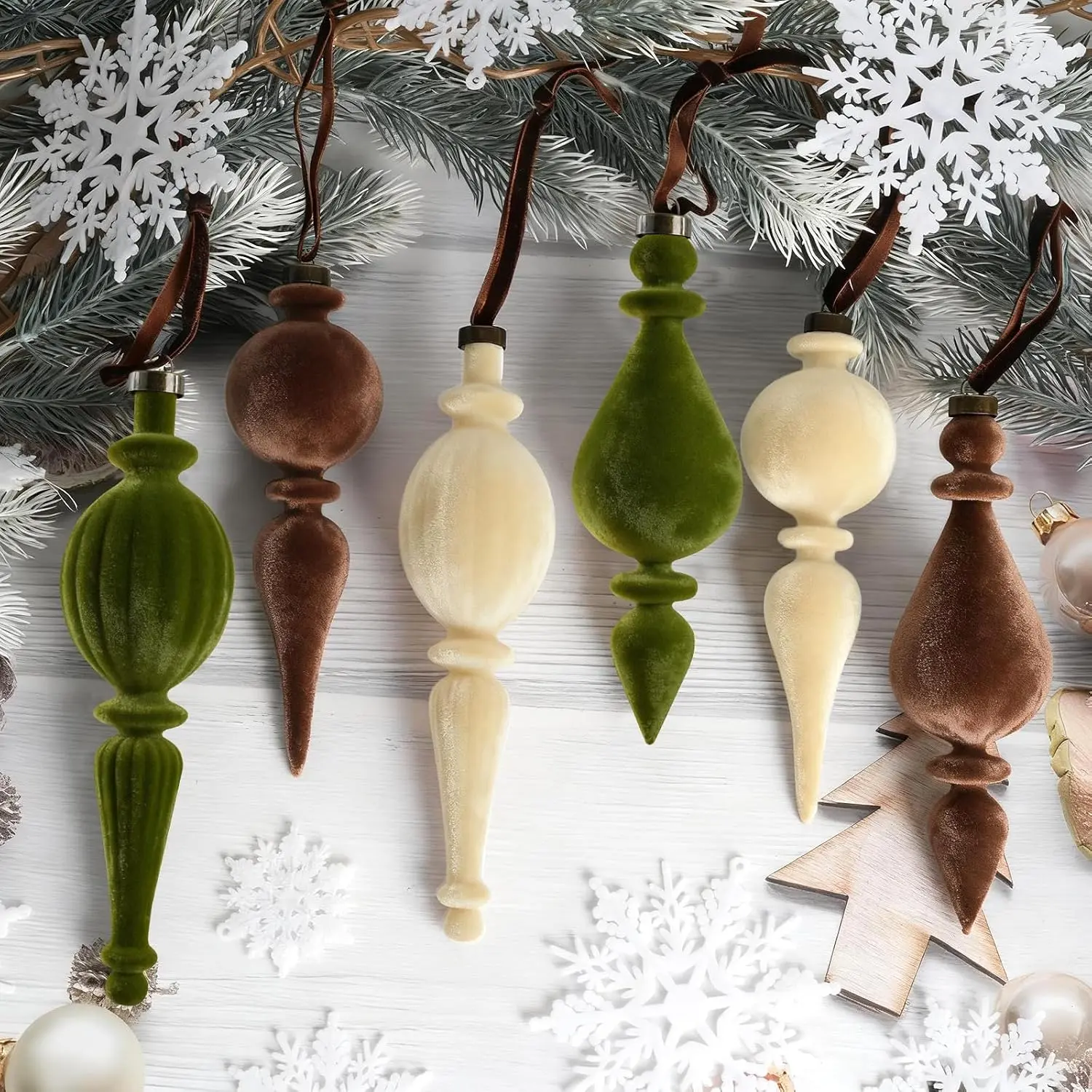 6 count  Finial Christmas Tree Ornaments -  Pendants Shatterproof Flocked Christmas Ball Ornaments   Decorations for Xmas Tree Holiday Decorations (Brown, Green, Cream)