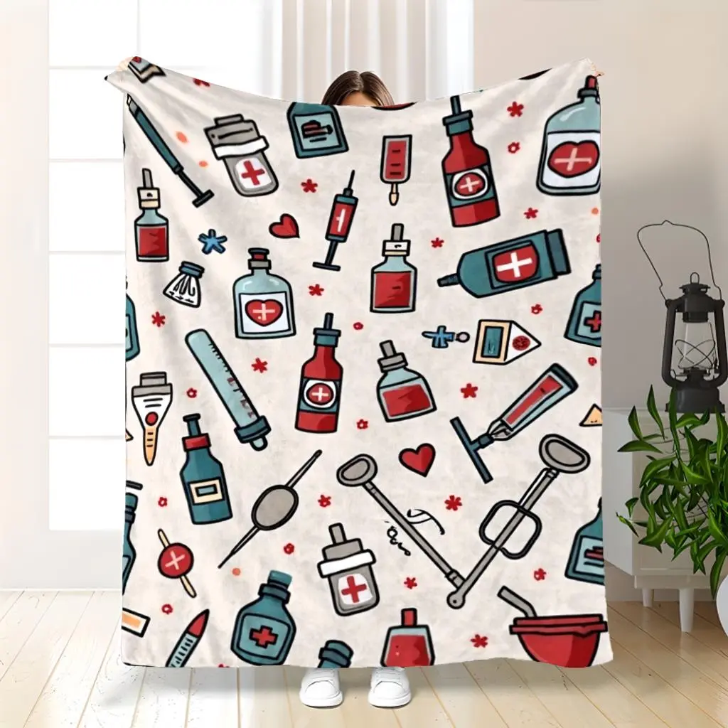 1Pc Medical-Themed Fleece Blanket |   Plush Large Soft Flannel Throw With Stethoscope, Heart & Pill Medical Patterns, Red & White Bedspread - Cozy Gift For Nurses, Doctors, For Home, Car, Office - All-Season Comforter For Medical Decor