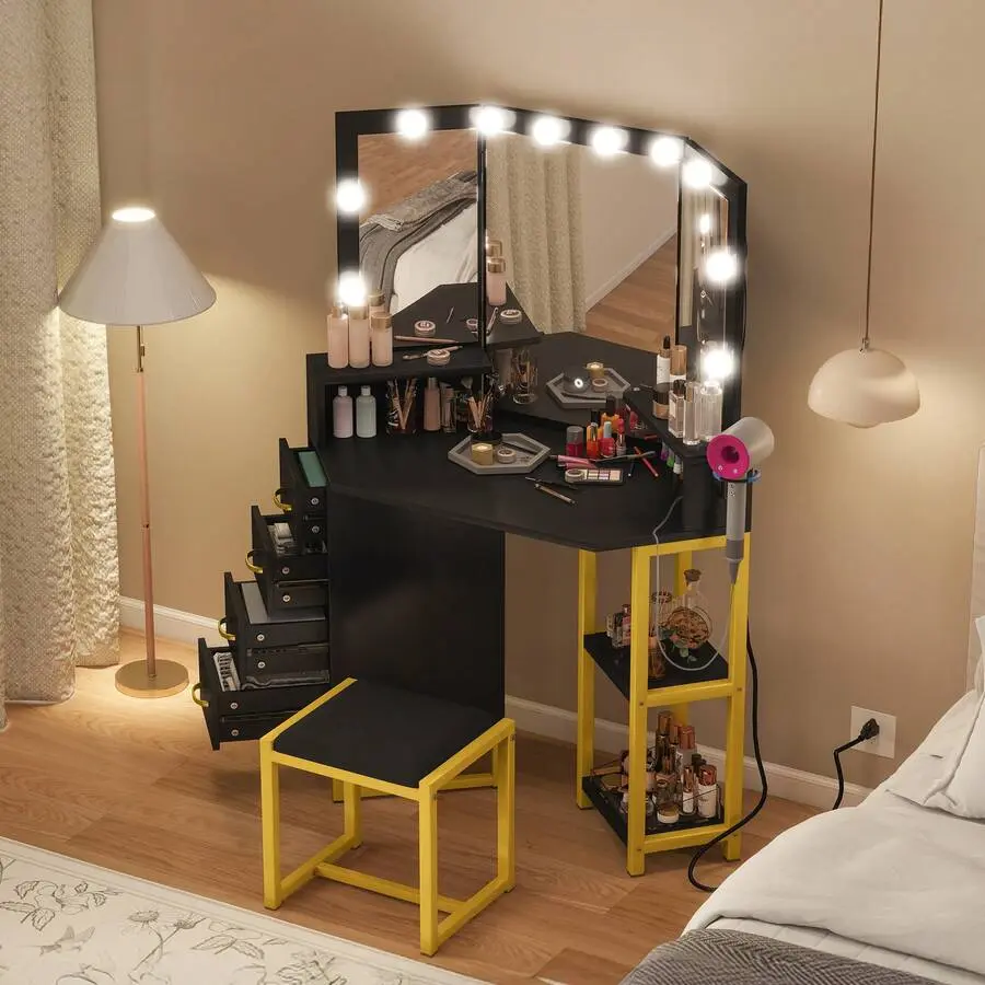 Corner Vanity Desk With Mirror, Makeup Table Set With Power Outlet 3 Color Modes & Adjustable, Makeup Table Set With 4 Drawer, Stool, Bedroom