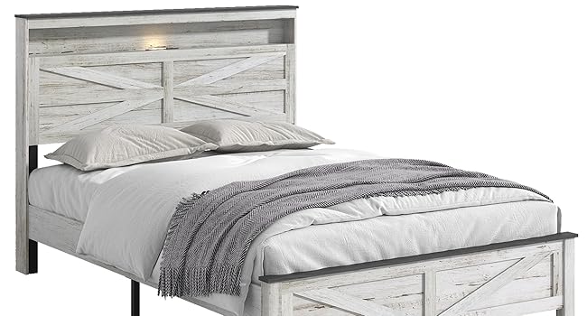 ARCH Queen Bed Frame Farmhouse, Queen Size Bed Frame with Storage Headboard & LED Lights, Charging Station Boho Platform Bed, Queen Bed Frame Metal Slats No Box Spring Needed Bedroom Set