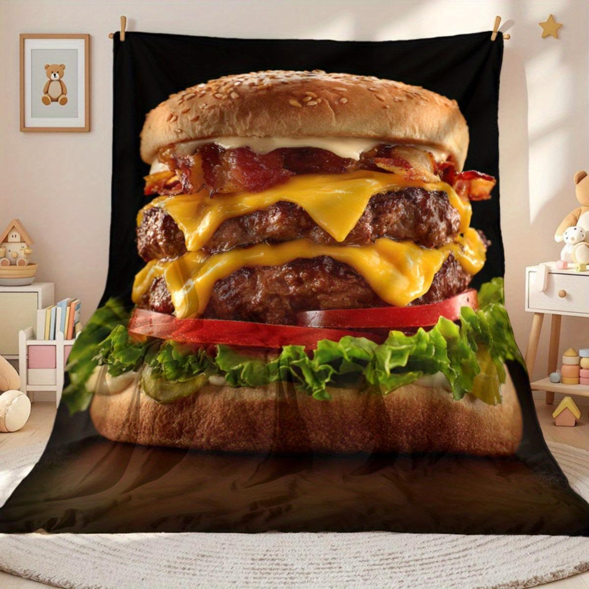 1 Piece Throw Blanket - Soft and Lightweight, Suitable for All Seasons, Hamburger Pattern, Black Background - Ideal for Living Room, Bedroom, Nap Time - Ideal Gift for Food Lovers and Hamburger Enthusiasts - Modern Home Decor, Vibrant Colors