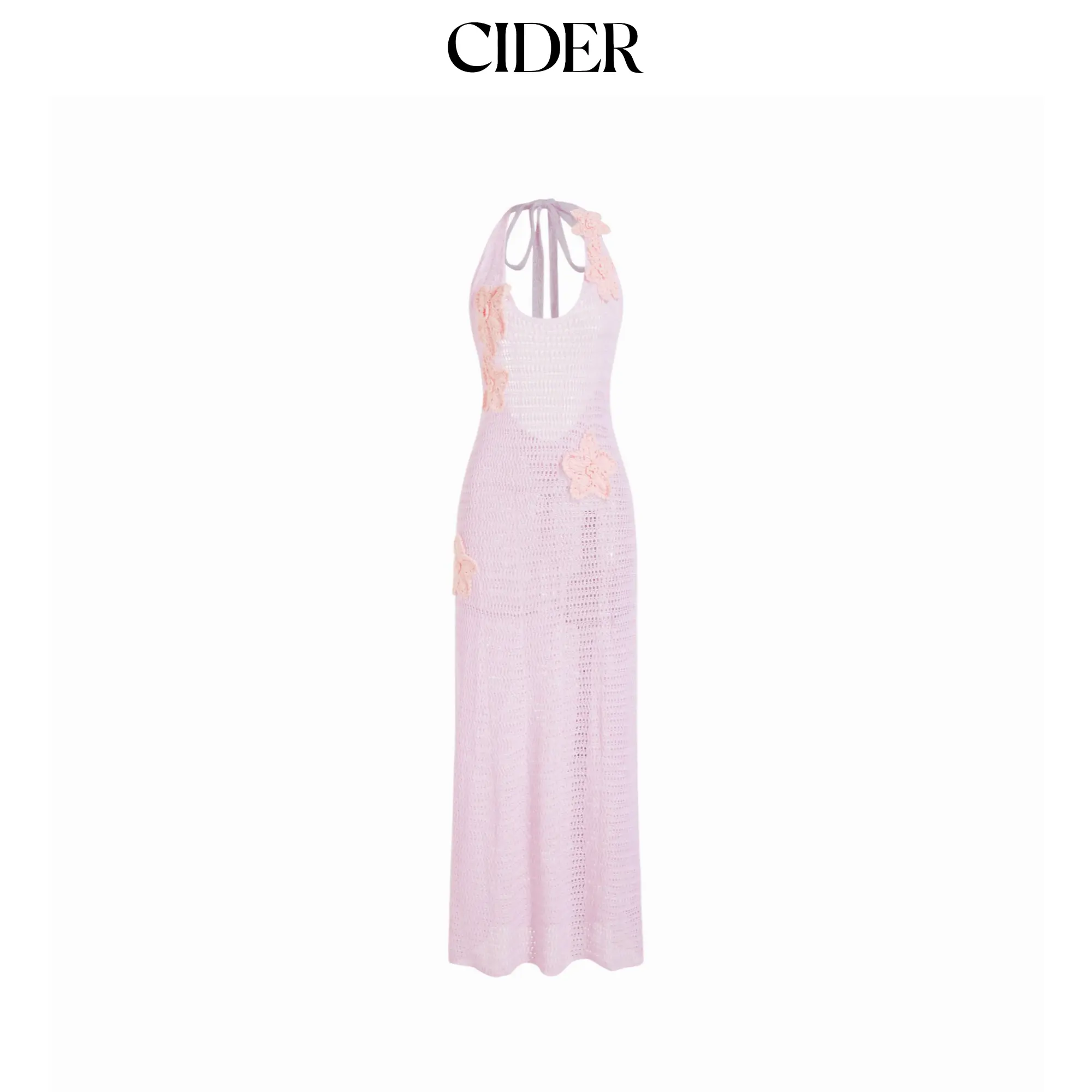Cider Knit Halter Neckline Flower Detail Backless Hollow Out Cover Up Dress