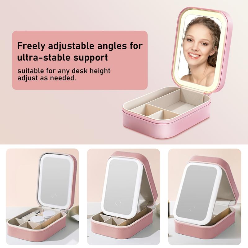 Makeup Bag with Mirror and Light Travel Makeup Train Case Cosmetic Bag, LED Makeup Mirror Case with 3 Adjustable Color Light Settings, Dust-Proof Jewelry Box, Mini Cosmetic Train Case