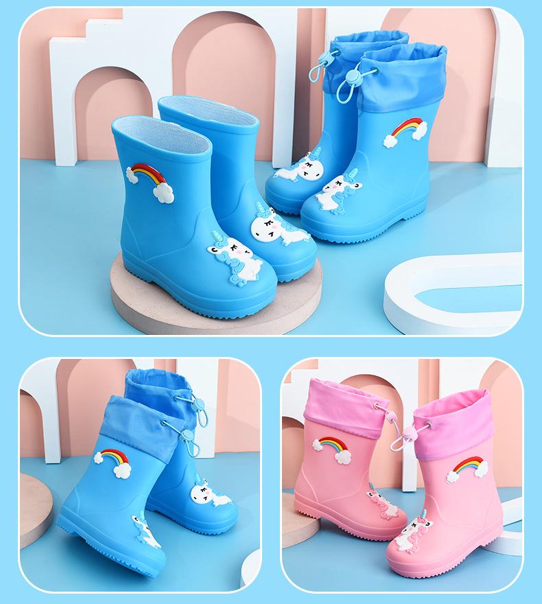 Children's Rain Boots Girls' Elastic Cuff Fleece-Lined Boys' Non-Slip Water Shoes Four Seasons Cartoon Cute Princess Rain Boots Kids' Rain Shoes