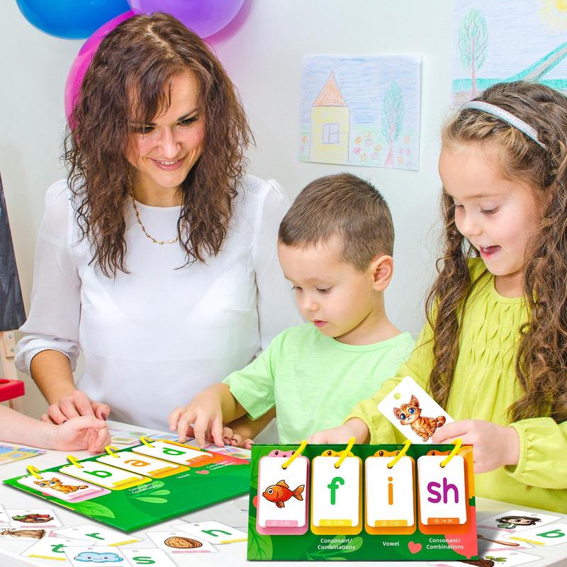 Random Color CVC Word Builder Games Cards, 80 Cards Learn To Read Montessori Word Building Desktop Pocket Chart Flash Cards Kit Flashcards Learning Alphabet