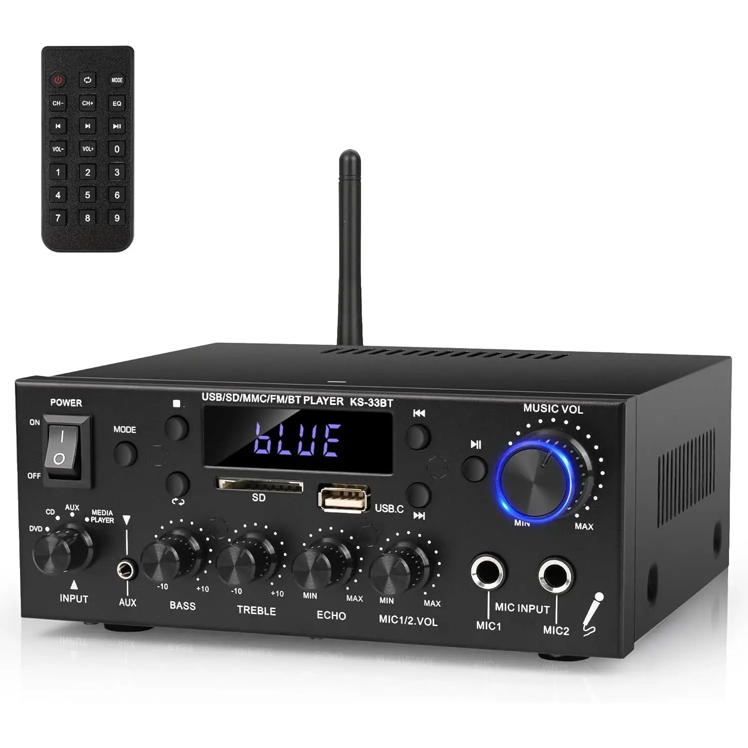 5.0 Channel Compact Tabletop Home Amplifier - 2x500W Stereo Audio Amplifier for Adults, Mobile/Smartphone Compatibility, FM Radio, Echo, AUX, USB, SD, MIC Inputs, Remote Control, Streaming for Passive Speakers & Subwoofer, Synthetic