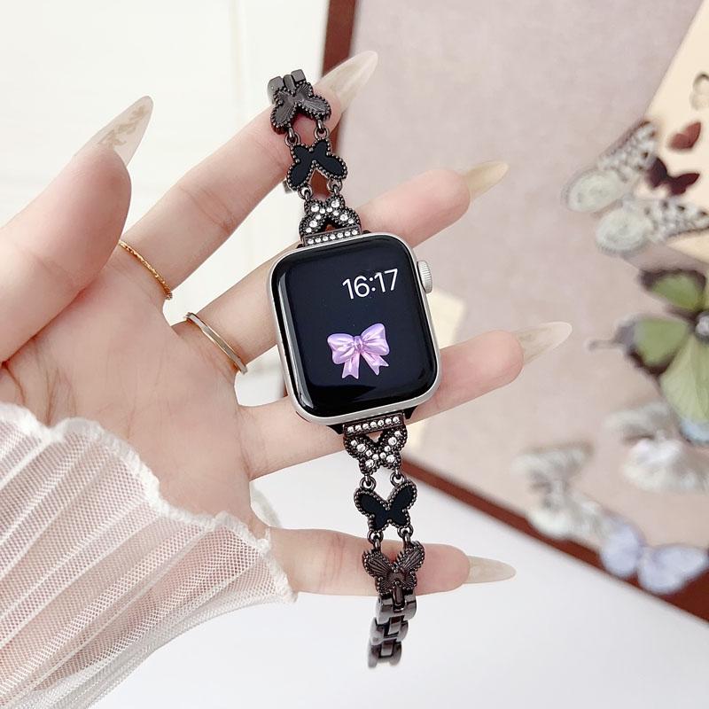 Full Rhinestone Black Shell Butterfly Slim Metal Bracelet for iWatch Band - Business & Dressy Strap Compatible with Series 1-11/SE/SE2/Ultra/Ultra2 (38-49mm) for Women & Men (Watch Not Included) #TikTokShopHolidayHaul