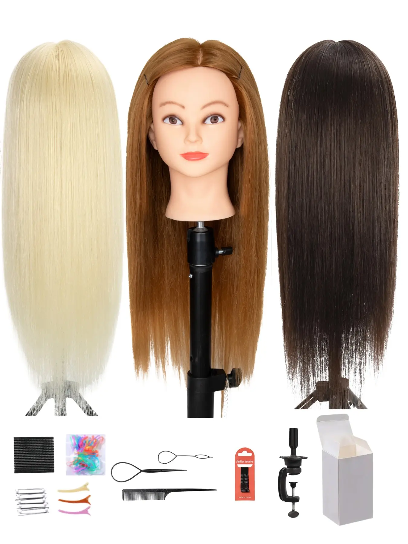 26 Inch Synthetic Hair Mannequin Head with Clamp Stand & Complete Hair Styling Tools, 3 colors for choice. Ideal training doll for braiding, cutting practice, perfect for hairdresser students and DIY hairstyle lovers with gift box
