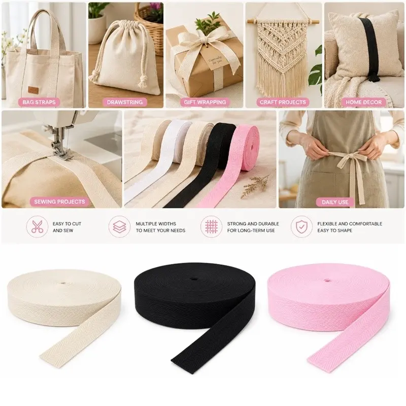 Twill Tape 50 Yards 1/2Inch Bunting Bias Tape Herringbone Webbing Tape Roll for Apron Sewing Dressmaking Craft