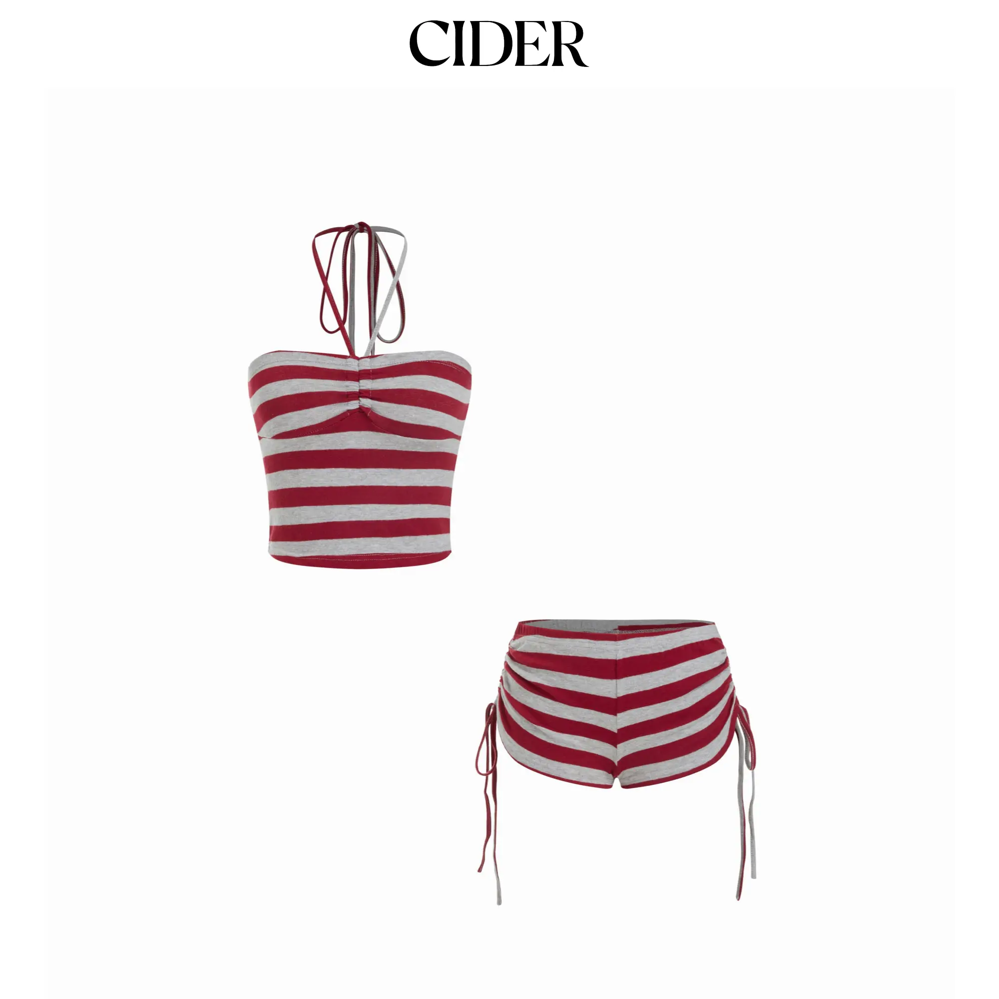 Cider Cotton-blend Stripe Halter Neck Ruched Top & Low Rise Drawstring Shorts Set SohoChic