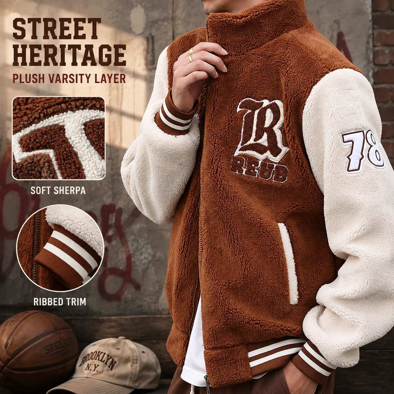 Streetwear Sherpa Varsity Jacket Letter Embroidery Color Block Stand Collar Loose Fit Outerwear