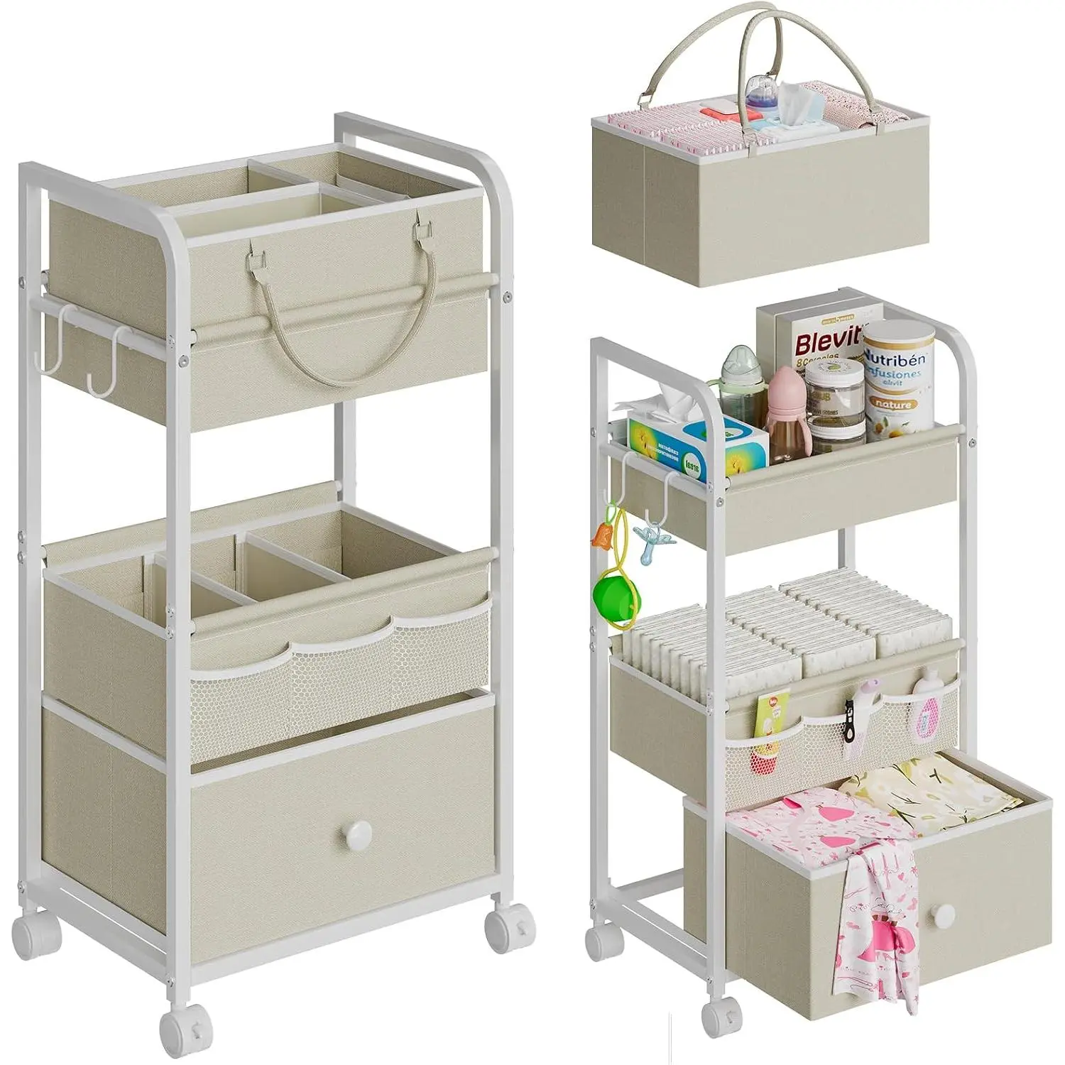 2In1 Baby Diaper Caddy Organizer and Storage, 3 Tier Rolling Cart with Drawer, Detachable Dividers, Mobile Utility Cart Baby Dresser Clothes Organizer for Baby Essentials, Bedroom, Nursery
