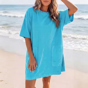 Womens Casual T Shirt Dresses Summer Short Sleeve Drop Shoulder Mini Dress with Pockets Solid Color Loose Fit Shift Sundress Cotton Blend Comfy Lounge Daily Wear Vacation Outfits Light Blue fathersdaygift