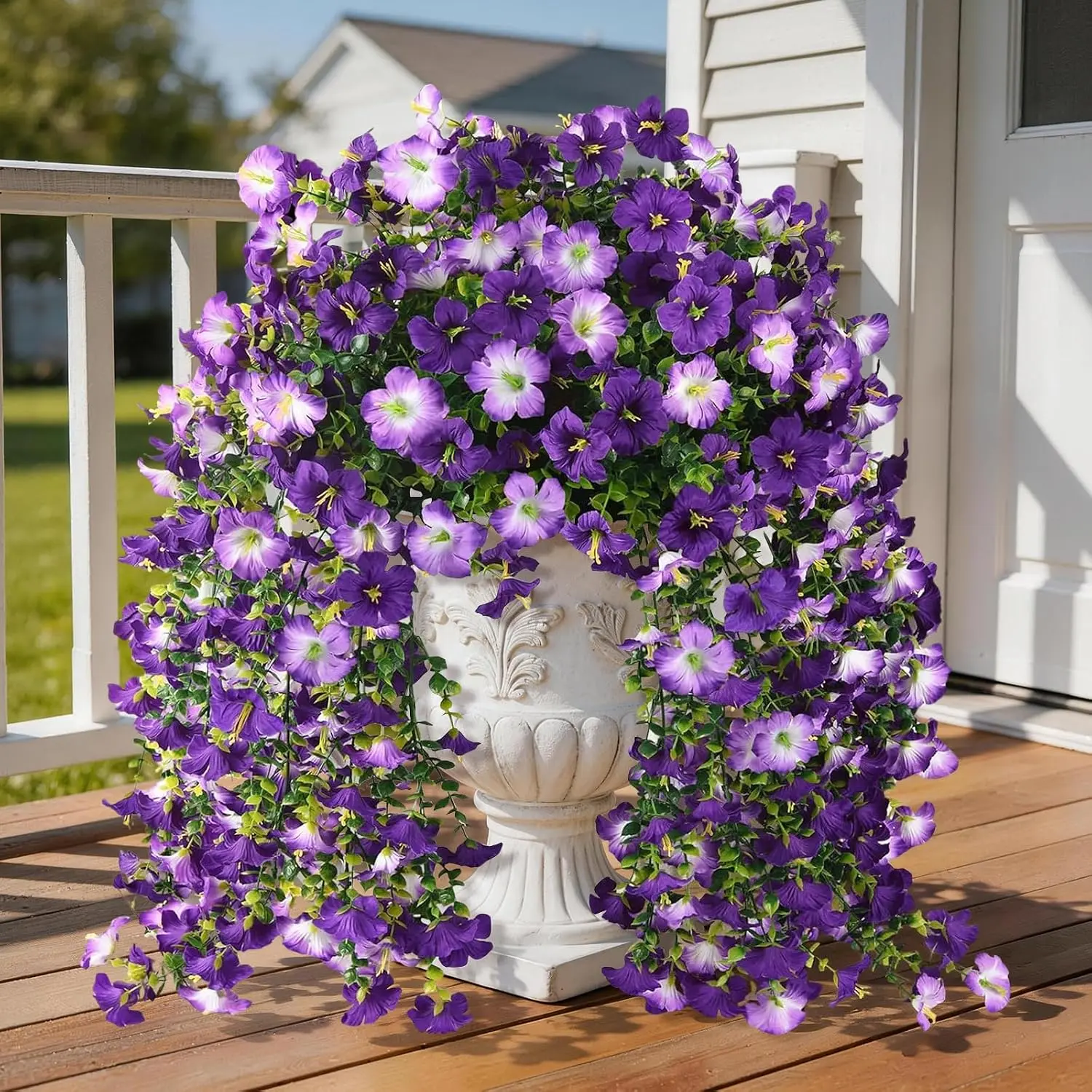 Artificial Fake Flowers Plants for Outdoor Spring Summer Decoration,2 PCS Faux Silk Morning Glory with Eucalyptus Leaves,UV Resistant Realistic Outdoor Flowers for Balcony Porch Patio Yard Garden