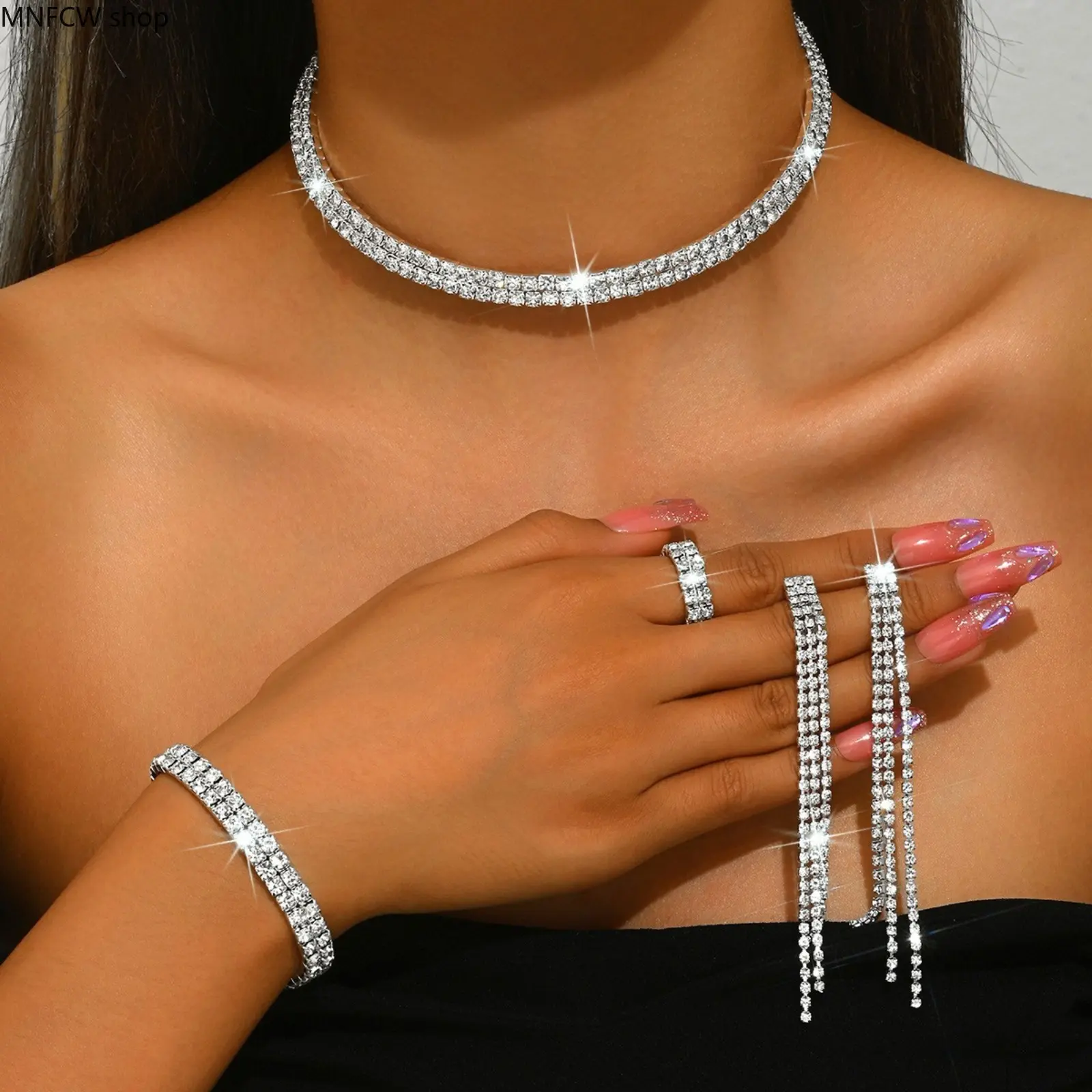 Luxury Crystal Statement Jewelry Set | Oversized Rhinestone Necklace, Earrings & Elastic Bracelet | Glamorous Chandelier Tassel Set for Weddings & Galas