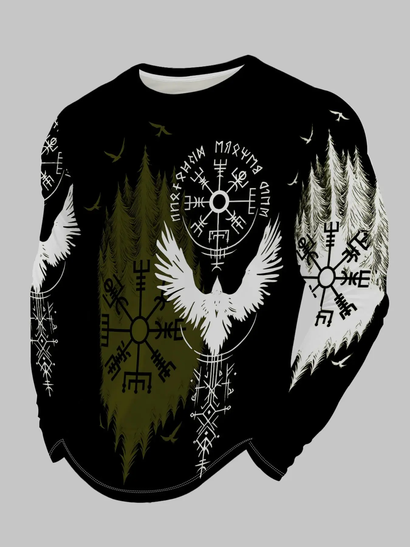 Men's Viking Rune Compass Raven Forest Print Long Sleeve T-Shirt, Norse Mythology Gothic Round Neck Top, Breathable Retro Design