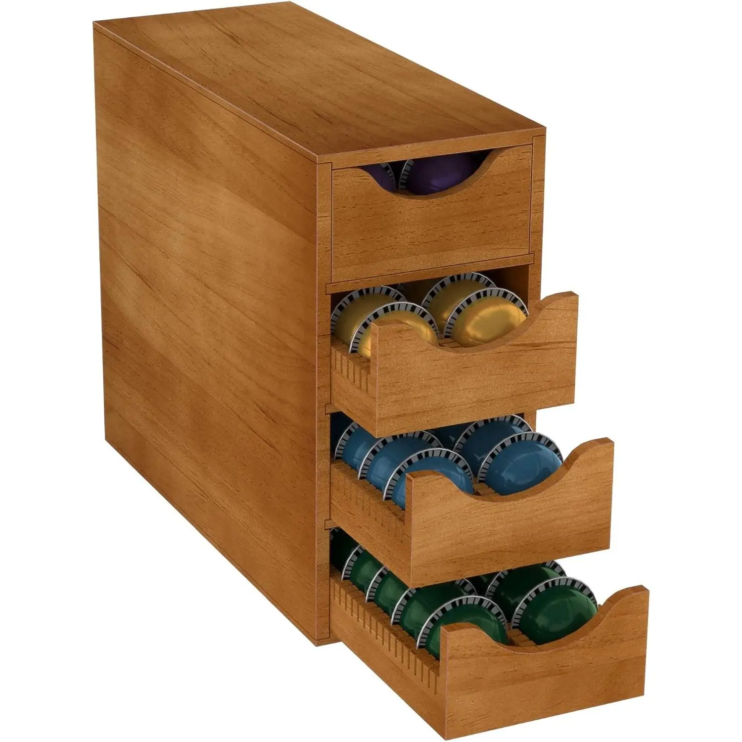 Coffee Pod Drawer Holder,Capsule Storage Organizer,4-Tier,8-Slot,Brown | Large Capacity,Compatible with Nespresso Vertuo Capsule,Space-saving Vertical Design,Wood Coffee Bar Organizer Countertop