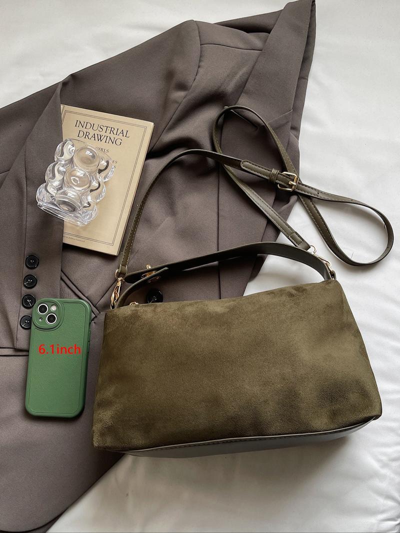 American Minimalist Vintage Suede Top-Handle Bag, Zipper Closure, Versatile Daily Handbag for Work & Casual