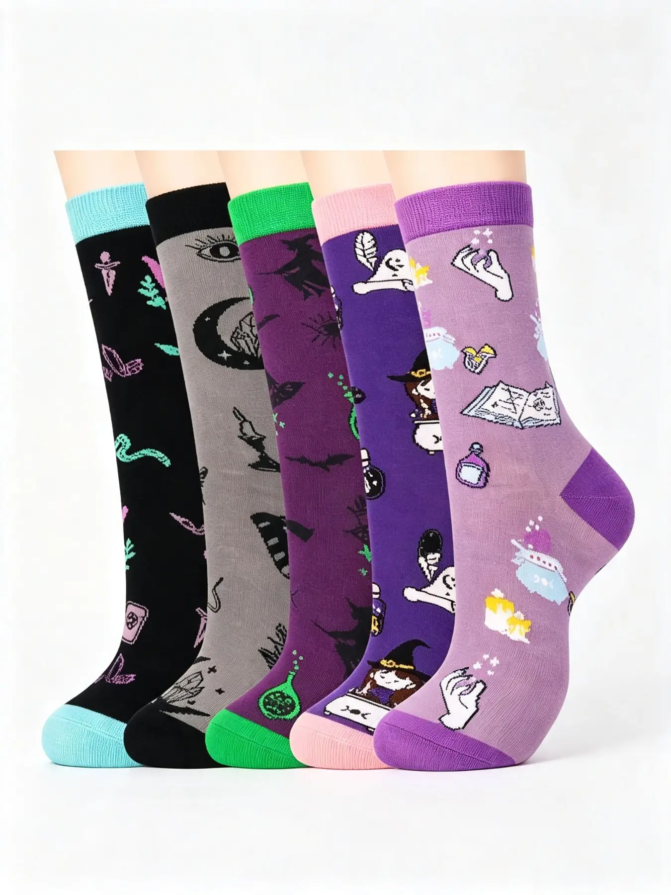 5 Pairs Witch Theme Halloween Women's Crew Socks, Magic Potion Wizard Pattern, Perfect for Daily Wear, Party, Gift Ideas