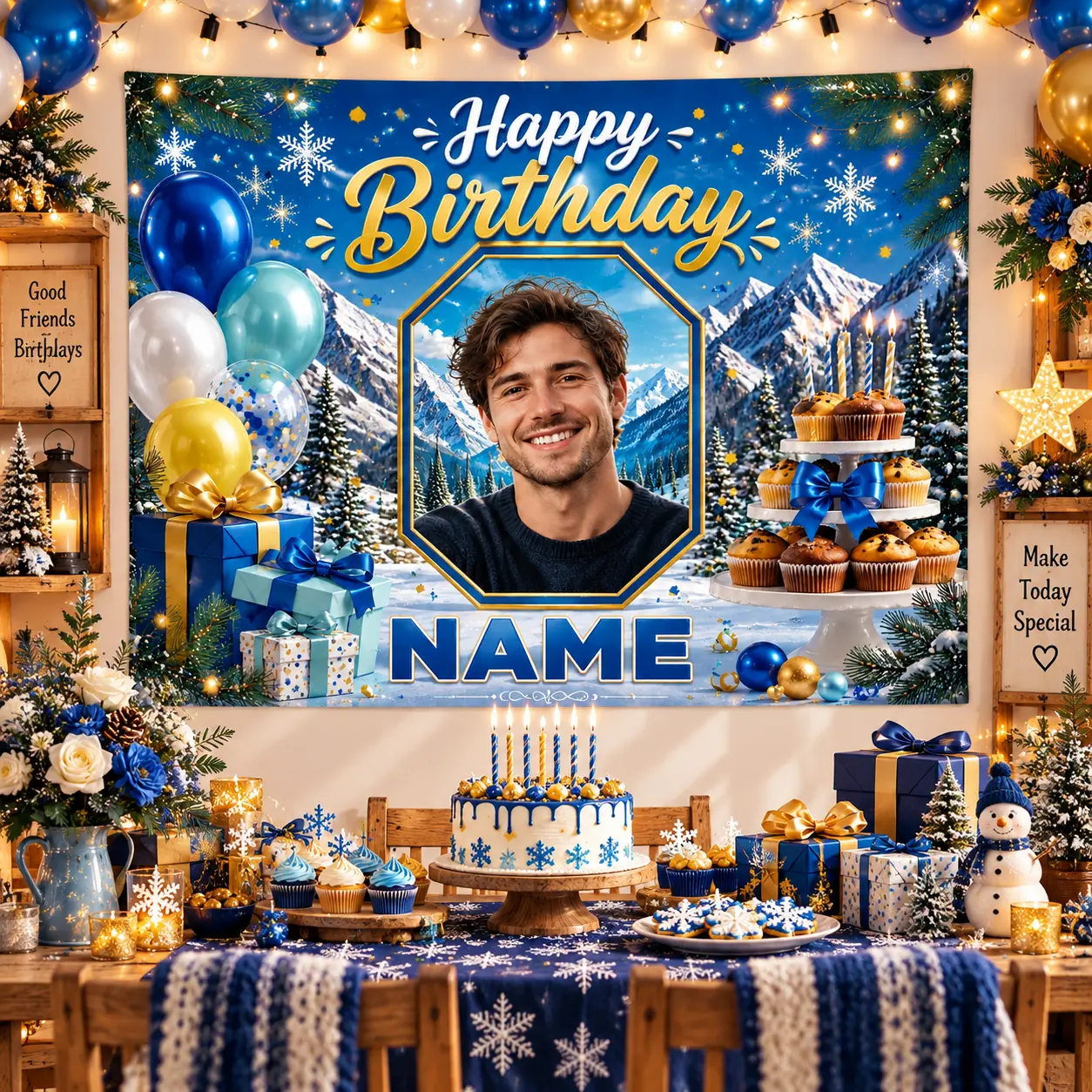 Hangable Customizable Banner Art Party Decor - Decorative Fabric Polyester Custom Photo & Name Winter Birthday Backdrop, Royal Blue Gold Snowy Mountains, Snowflakes, Cupcakes, Gifts, Festive Party & Photo Booth Decor