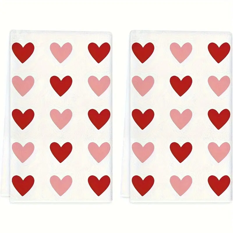 Pack of 2, towels, Valentines Day red and pink heart-patterned kitchen towels, tea towels, kitchen and bathroom decorations, 16 x 24 inches, cleaning cloths, machine washable, reusable, dishwashing cloths, birthday gift, sweet moving gift,