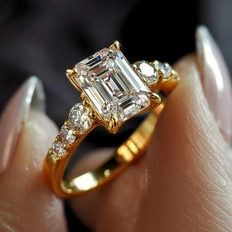 Classic Emerald-Cut 4-Prong Solitaire Ring for Women | TEMU Spring New Arrival Wedding Engagement Jewelry