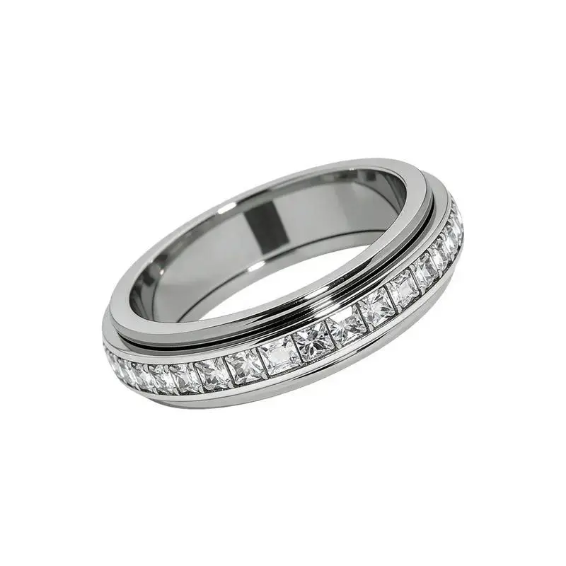 Titanium Steel Rotating Anxiety Ring with Cubic Zirconia, Fidget Spinner Anxiety Relief Rings for Stress Relief & Focus, Calming Anti-Anxiety Jewelry Accessories, Trendy All Match Exquisite Wedding Promise Gift for Women Men,Fit Size 6-9, Daily Wear Decor