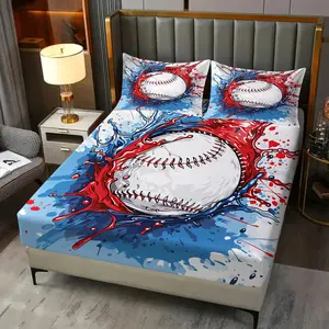3Pcs Splatter Baseball Print Fitted Sheet Set, Red and Blue Watercolor Baseball Bedding Set, Soft and Comfortable All-Season Bedding, Deep Edging Design, Suitable for Boys' Bedrooms, Dormitories and Sports Enthusiasts' Rooms (Without Pillow Core).
